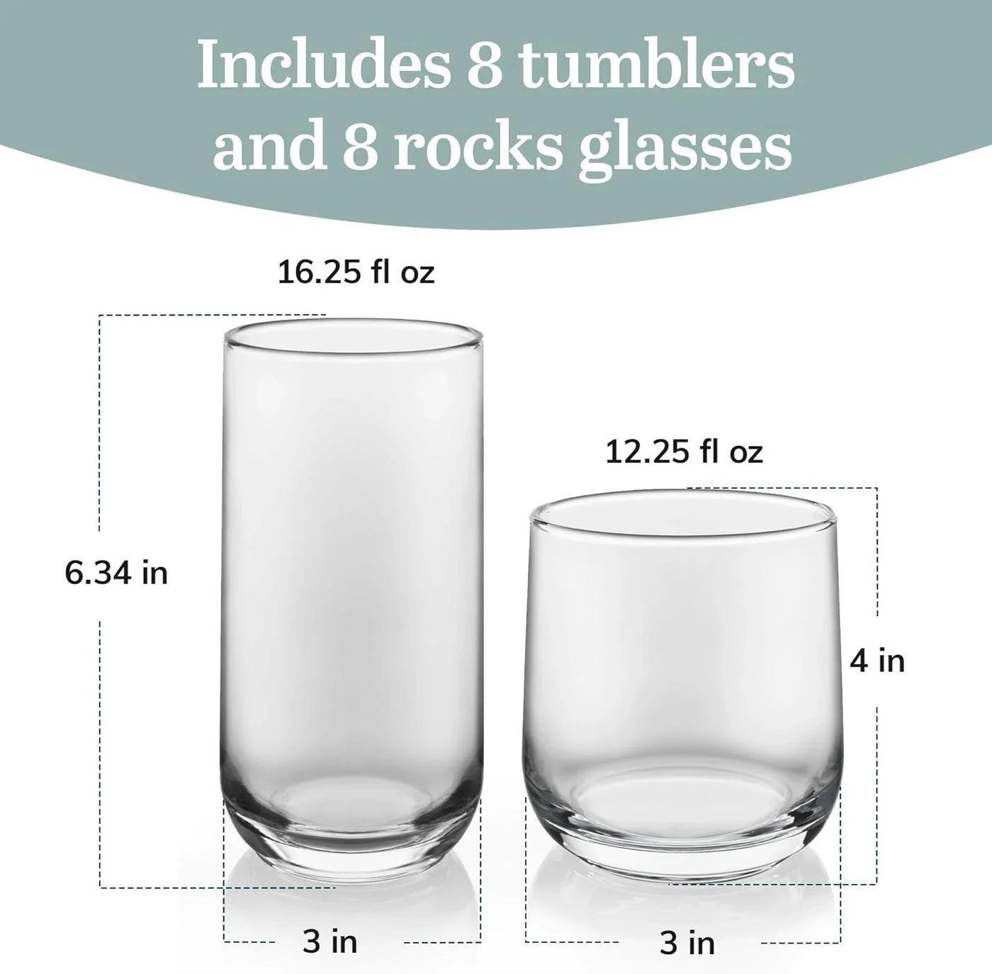 Ascent Tumbler and Rocks Drinking Glasses Set of 16, Glass Drinking Glasses with Curvature, Versatile Glassware Set for Parties and More