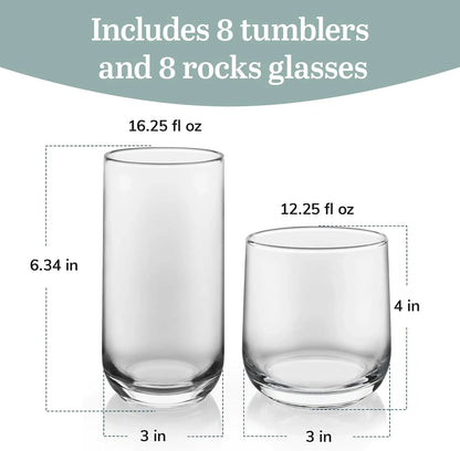 Ascent Tumbler and Rocks Drinking Glasses Set of 16, Glass Drinking Glasses with Curvature, Versatile Glassware Set for Parties and More