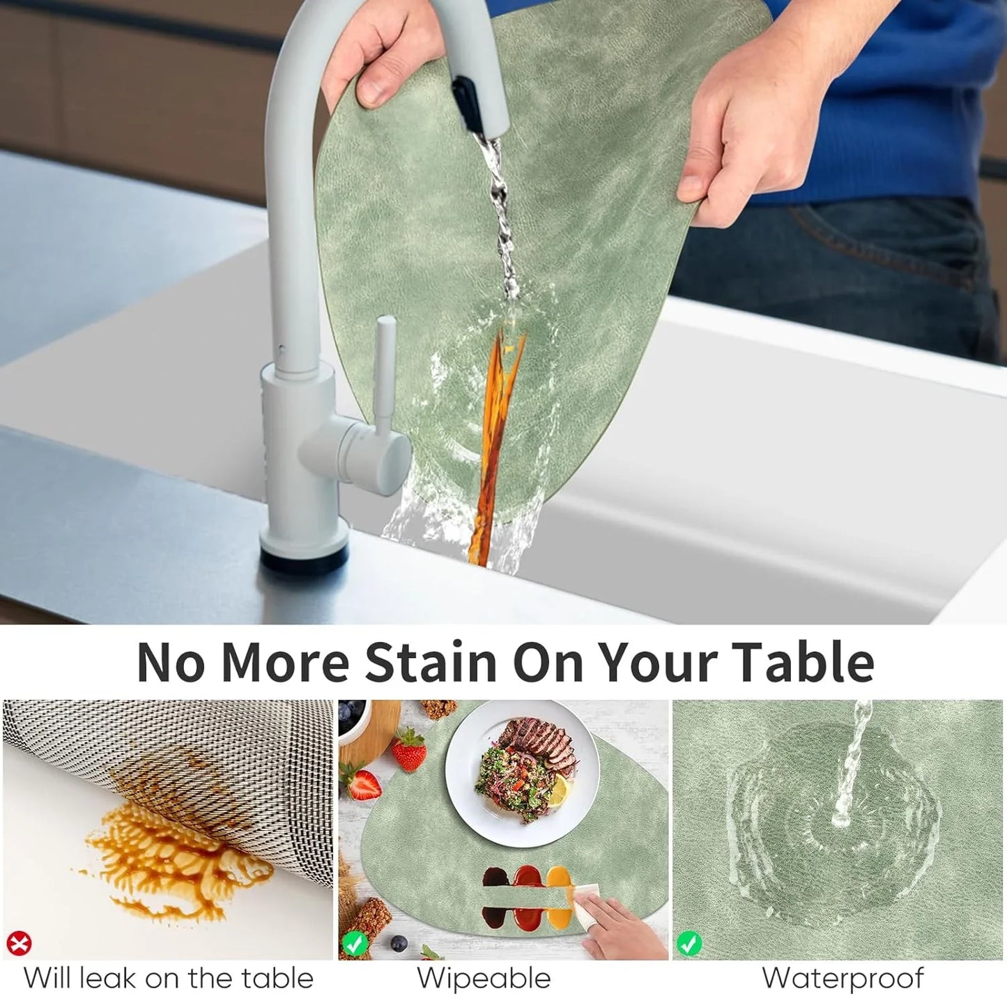 Placemats, Heat Resistant round Placemats Set of 8 Washable 13 X 17 Inch, Waterproof Table Mats Wipeable for Kitchen, Dining Room Table Christmas Decor, Green