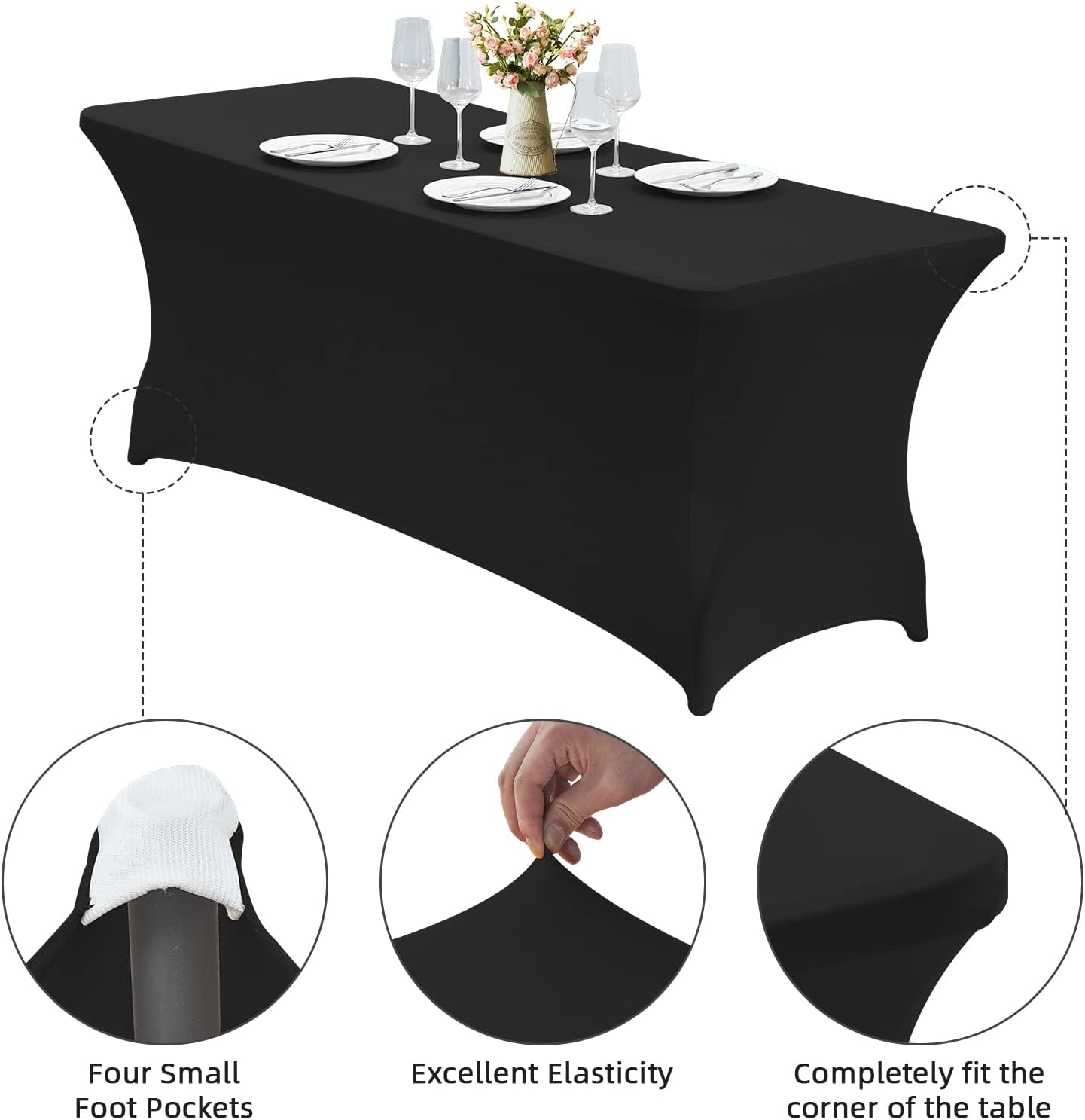 6FT Waterproof Stretch Spandex Table Cover for Rectangular Tables - Elastic Fitted Tablecloth for Folding Tables,Wrinkle Resistant Table Cloth for Parties, Weddings, Banquets & Events (Black)
