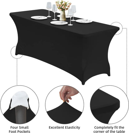 6FT Waterproof Stretch Spandex Table Cover for Rectangular Tables - Elastic Fitted Tablecloth for Folding Tables,Wrinkle Resistant Table Cloth for Parties, Weddings, Banquets & Events (Black)