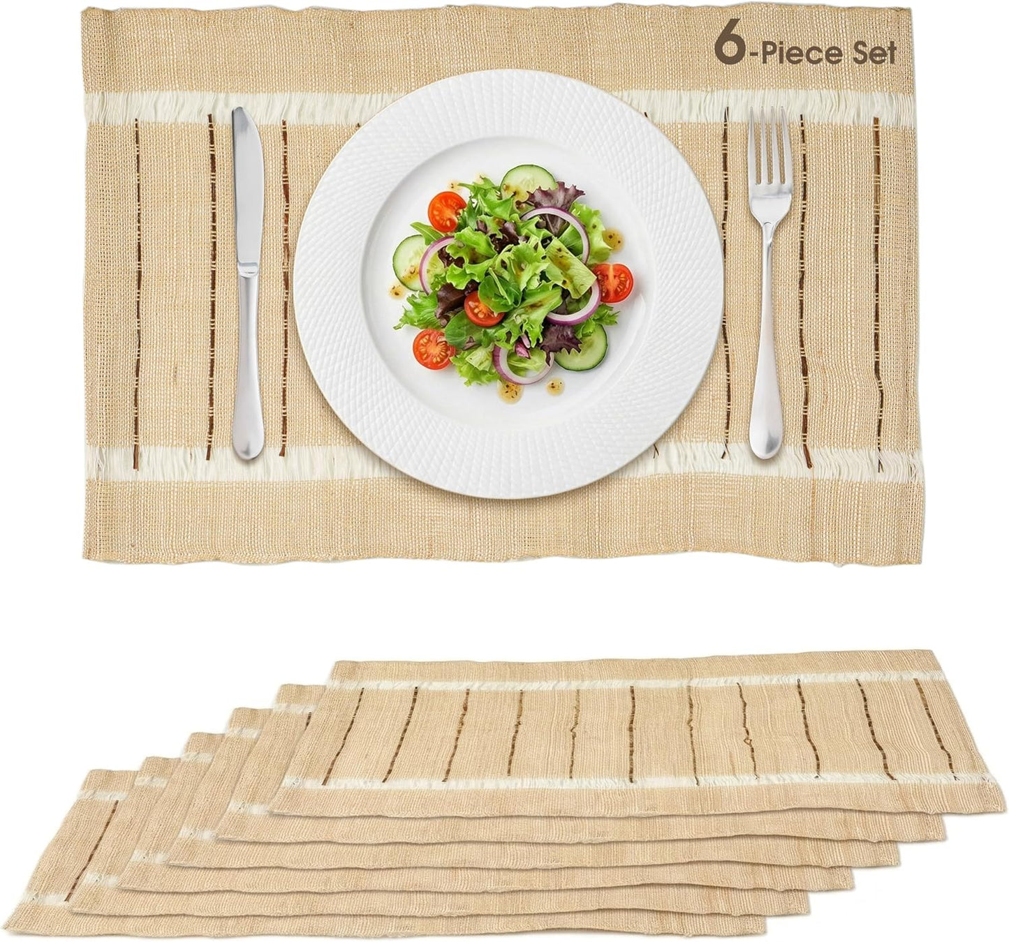 Ramie Placemats Set of 6 for Dining Table, Natural Woven Placemats with Open-Weave Design, Heat Resistant Washable Table Mats, Farmhouse Boho Table Decor, Housewarming Gift
