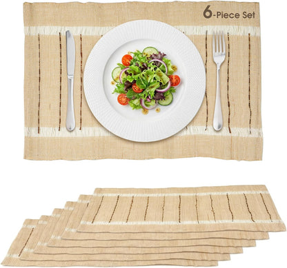 Ramie Placemats Set of 6 for Dining Table, Natural Woven Placemats with Open-Weave Design, Heat Resistant Washable Table Mats, Farmhouse Boho Table Decor, Housewarming Gift