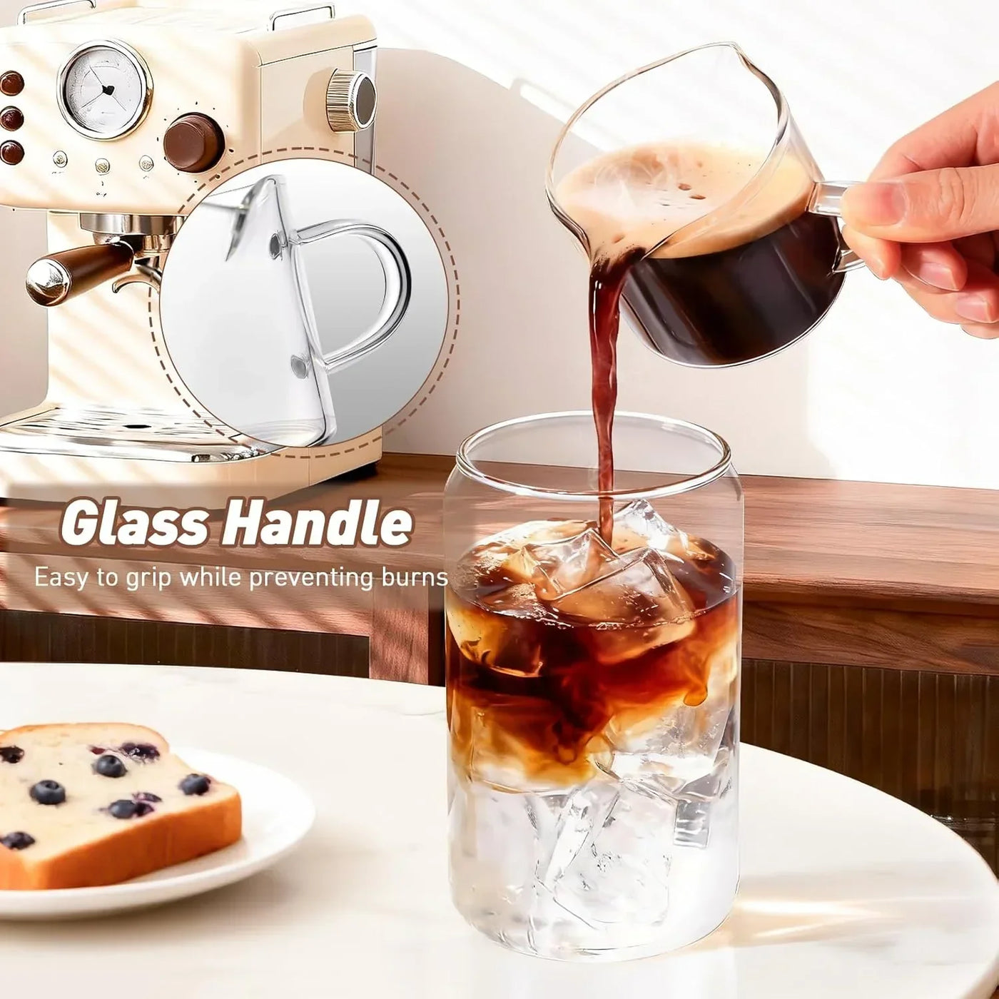 Glass coffee pitcher with heat-resistant handle pouring iced coffee into glass, perfect for kitchen use