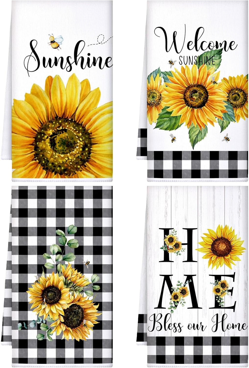 4 Pcs Sunflower Kitchen Towels Spring Summer Gifts Sunflower Floral Hand Dish Towels Absorbent Sunshine Yellow Grid Fast Drying Decor Housewarming Gift for Cooking Bathroom Kitchen Decor