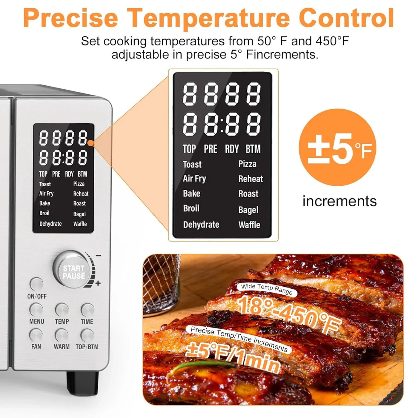 Bravo Air Fryer Toaster Smart Oven, 10-In-1 Countertop Convection, 1800 Watts, 21-Qt Capacity, 50°-450°F Temp Controls, Top and Bottom Heater Adjustments 0%-100%, PFAS Free, Stainless Steel