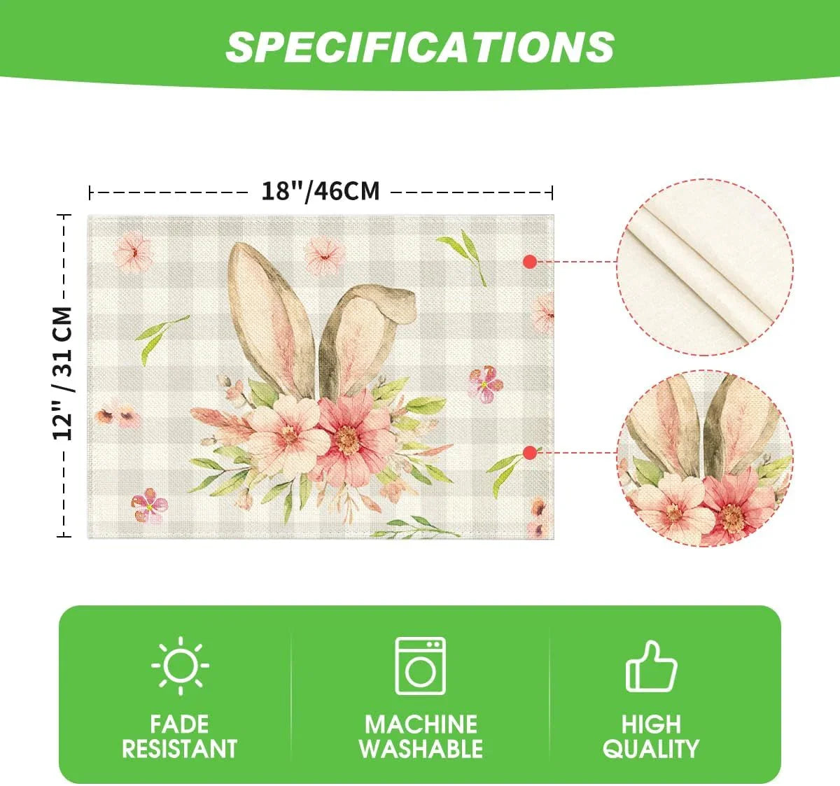 Buffalo Plaid Bunny Rabbit Ears Flower Easter Placemats for Dining Table, 12 X 18 Inch Spring Summer Seasonal Holiday Rustic Vintage Washable Table Mats Set of 4