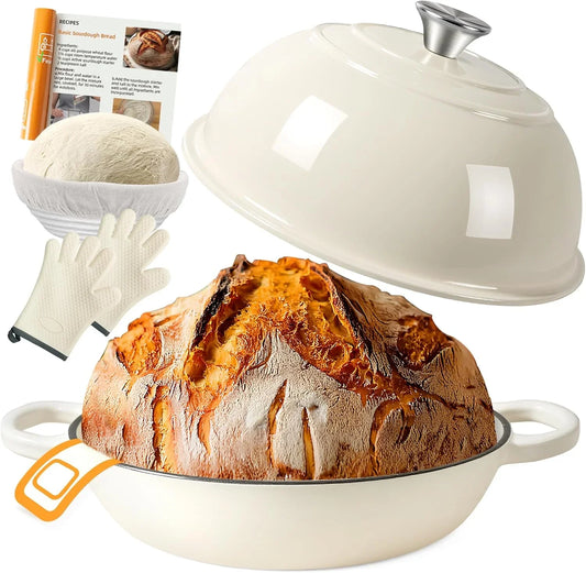 6QT Dutch Oven for Bread Baking, Enameled Cast Iron Dutch Oven Pot with Lid, Multi-Functional Bread Pan, Sourdough Baking Supplies with Proofing Basket, Cast Iron Bread Oven, Silicone Sling & Gloves.