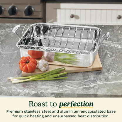 16-Inch Roasting Pan, Induction Compatible Premium Rectangular Roaster Pan with Rack, Stainless Steel Roasting Pan with Rack, Large Capacity, Dishwasher Safe