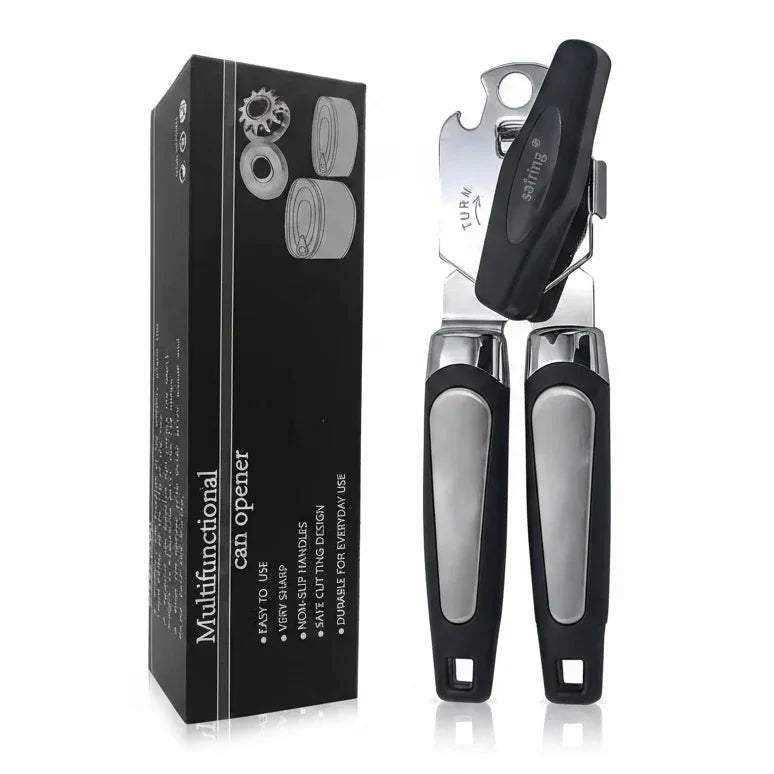 Multifunctional can opener with non-slip handles and sharp cutting design for everyday kitchen use