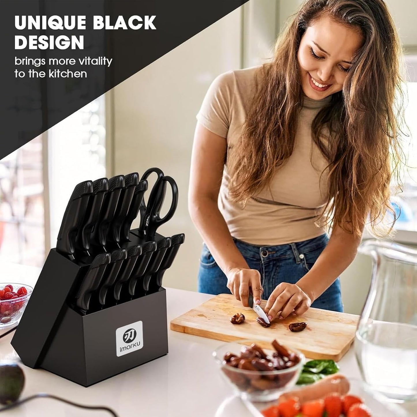 Knife Set with Block, Sharp Knives Set with Built-In Sharpener, Stainless Steel Kitchen Knife Sets with Non-Slip Ergonomic Handle, Dishwasher Safe, 14 PCS Professional Knife Set for Gift, Black