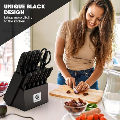 Knife Set with Block, Sharp Knives Set with Built-In Sharpener, Stainless Steel Kitchen Knife Sets with Non-Slip Ergonomic Handle, Dishwasher Safe, 14 PCS Professional Knife Set for Gift, Black