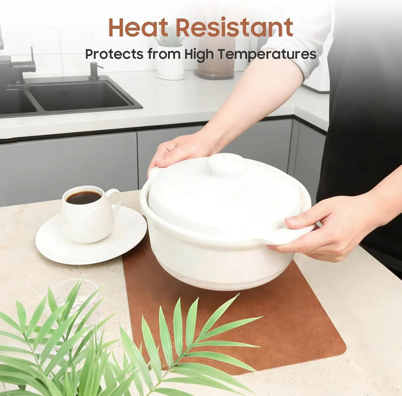 Placemats Set of 6 - Easy Clean Washable PU Leather Place Mats for Dining Table, 12 X 18 Inch Heat Resistant Non-Slip Table Mats for Kitchen, Indoor, Outdoor, Brown