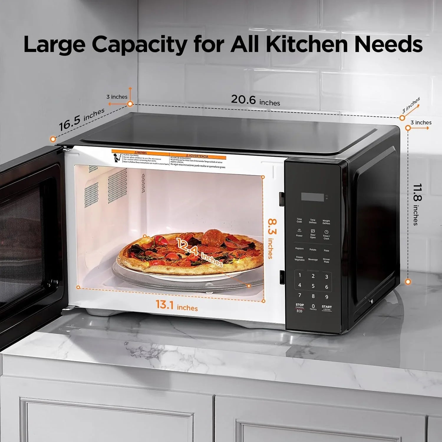 Black countertop microwave oven with digital controls, open door, and large pizza inside, showing interior and exterior dimensions.