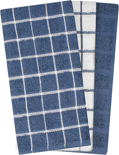 Premium 100% Cotton Terry Check Kitchen Dish Towels - Highly Absorbent, Super Soft, Long-Lasting, 25"X15", 3-Pack, Federal Blue