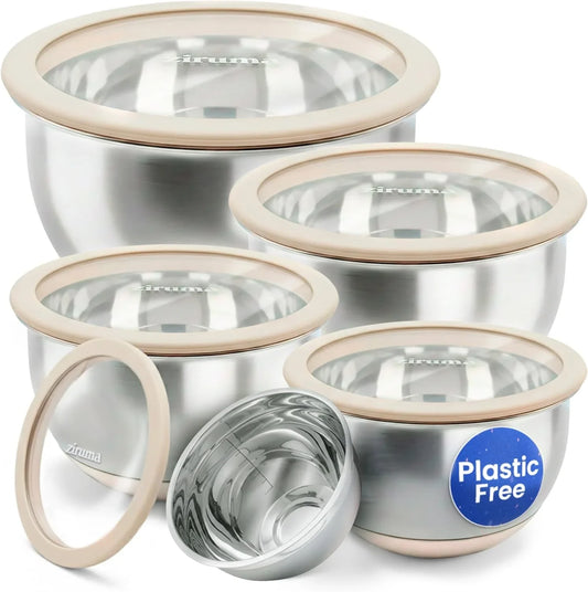 Non-Toxic Mixing Bowls with Lids Set, Stainless Steel & Glass, 5 Pcs Plastic Free Bowls with Silicone Non-Slip Base, Dishwasher Safe Mixing Bowl Set
