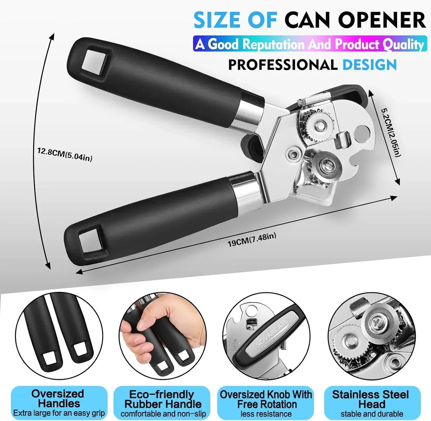 Professional can opener with oversized rubber handles and stainless steel head for easy grip and durability