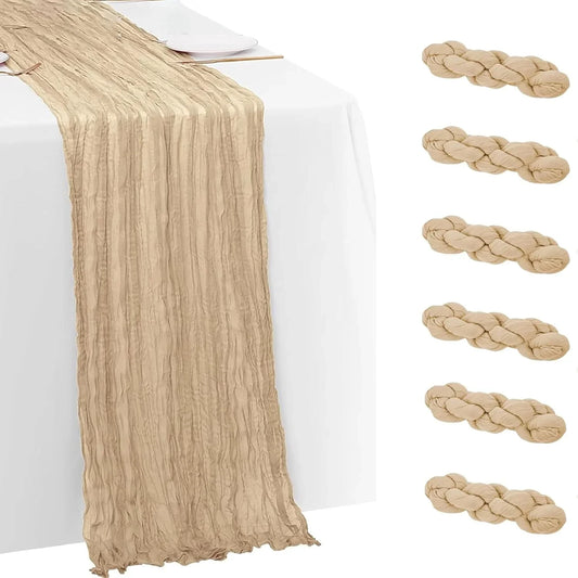 6 Pack Beige Gauze Cheesecloth Table Runners 10Ft (35X120 Inch) - Boho Wedding Decor for Bridal Showers, Baby Showers & Birthday Parties