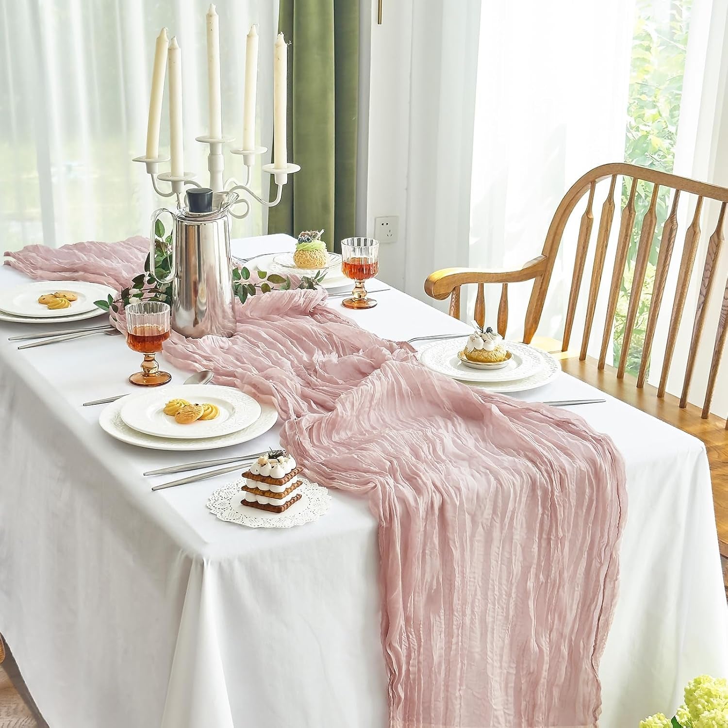2 Pcs Cheesecloth Table Runner - 10Ft Dusty Pink Easter Decor Boho Gauze Cheese Cloth Table Runners for Baby Shower Decorations Wedding Party Spring Garden Farmhouse