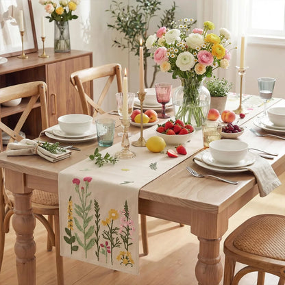 Beige Soft Chain Embroidery Wild Floral Spring Table Runner, Seasonal Summer Kitchen Dining Table Decoration for Home Party Decor 13X72 Inch
