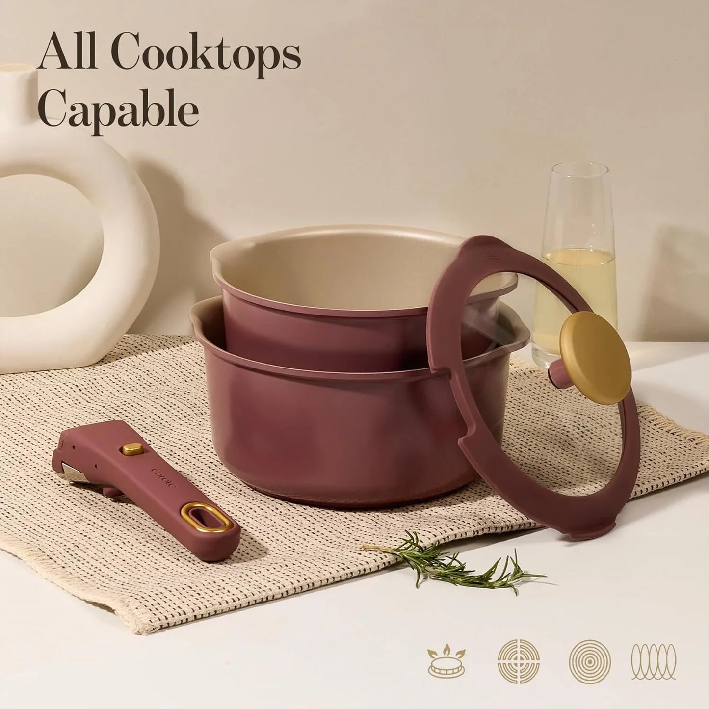 2.0Qt & 3.0Qt Titanium Nonstick Reinforced Sauce Pan Sets with Lid, Non-Stick Saucepans Cookware Set with Pour Spout with Detachable Handle, PFOS, PFOA Free, Induction Comptable, Burgundy