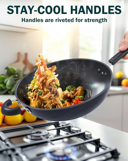 Hard Anodized Nonstick Wok with Lid 12-Inch, Non Stick Stir-Fry Pan, Flat Bottom Wok Pan, Induction Cookware, Black