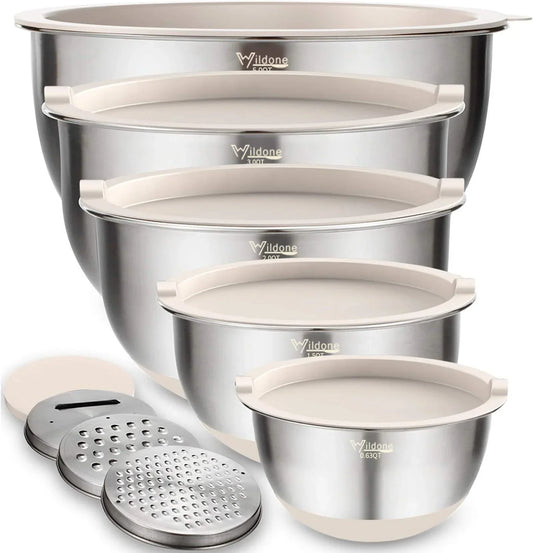 Mixing Bowls with Airtight Lids Set, 5PCS Stainless Steel Khaki Nesting Bowls for Kitchen, with Grater Attachments & Non-Slip Bottoms, Size 5, 3, 2, 1.5, 0.63 QT, Great for Mixing & Serving