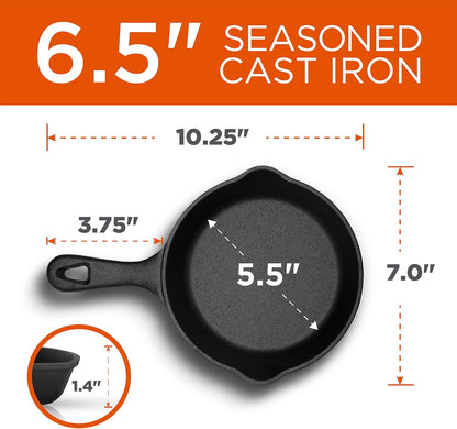 6.5-Inch Cast Iron Skillet Pan, Pre-Seasoned Cast Iron, Integrated Hanging Hole in Handle, Works on All Cooktops Including Induction, Outdoor Skillet for Campfires or Grills, CHFL650