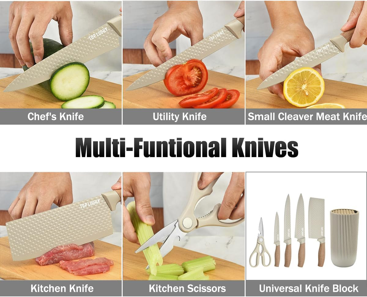 Knife Set,  6-Piece Khaki Kitchen Knife Set for Home, Anti-Rust Non-Stick Stainless Steel Sharp Chef Knife Sets with Universal Knife Block for Kitchen, Ergonomical Design (Khaki)