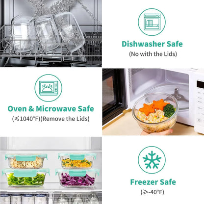 34Pcs Glass Food Storage Containers with Lids Set, Airtight Glass Meal Prep Containers (17 Containers & 17 Lids), Leak Proof Lunch Container Bpa-Free, Microwave, Oven, Freezer, Dishwasher Safe-Green