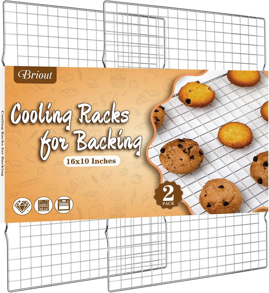 Cooling Rack for Baking 2-Pack, 16X10 Inches Baking Rack, Thick Wire Cookie Rack for Cooking, Roasting, Grilling, Drying, Oven Safe, Fits Half Sheet Pan, Silver
