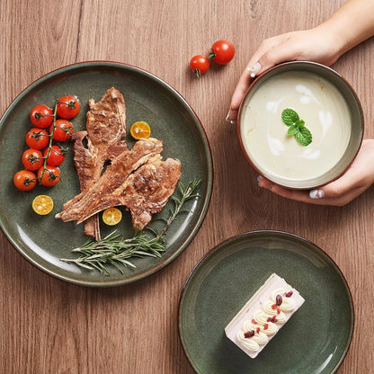 Stoneware Dinnerware Sets Service for 4, 12 Pcs Reactive Glaze Plates and Bowls Sets, Handmade Ceramic Dish Set, Highly Chip and Crack Resistant Modern Plate Set, Brown Green