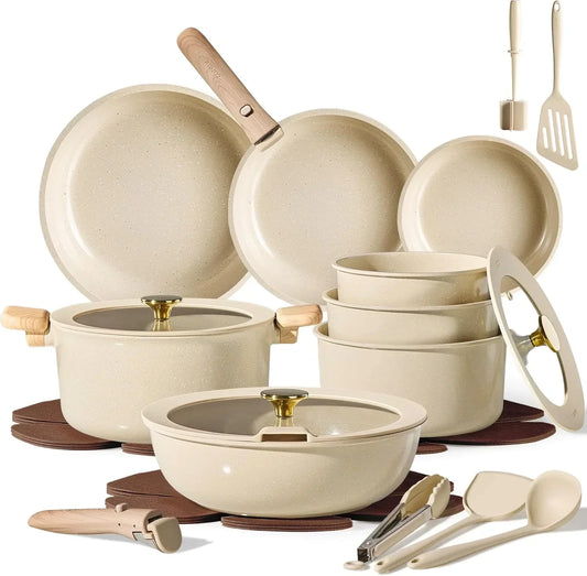 Cream speckled nonstick cookware set with wooden handles, glass lids, and kitchen utensils for everyday cooking