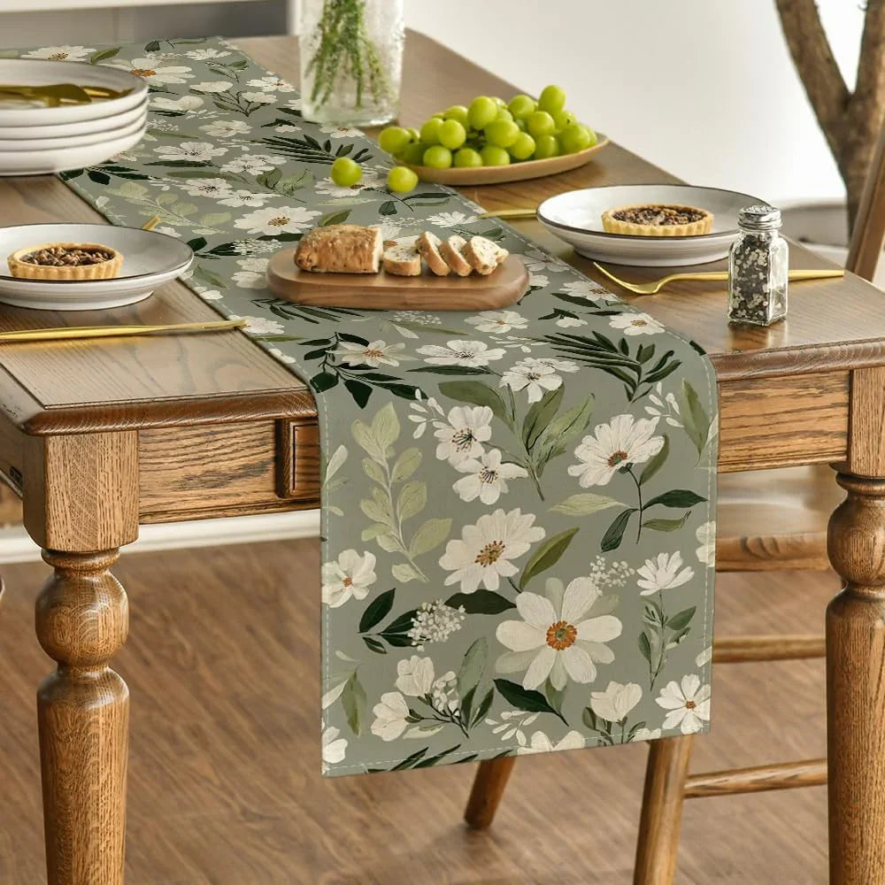 Olive Green Daisy Flowers 210 GSM Spring Table Runner, Seasonal Summer Kitchen Dining Table Decoration for Home Party Decor 13X48 Inch