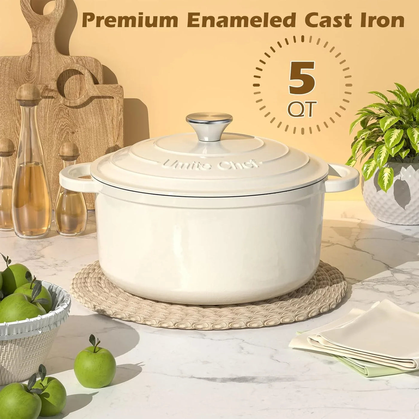 Enameled Cast Iron Dutch Oven -  5QT Pot with Lid & Cotton Potholders - Heavy-Duty Cookware for Bread Baking, Braising, Stews, Roasting(Cream White)