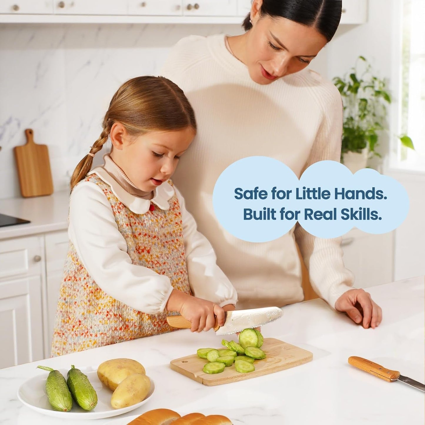 Kids Safe Knife Set, 4Pcs Beginners Kitchen Knives for Real Cooking, Food-Grade Stainless Steel Blades for Cutting Chopping, Child First Starter Knife, Bpa-Free (Silver)