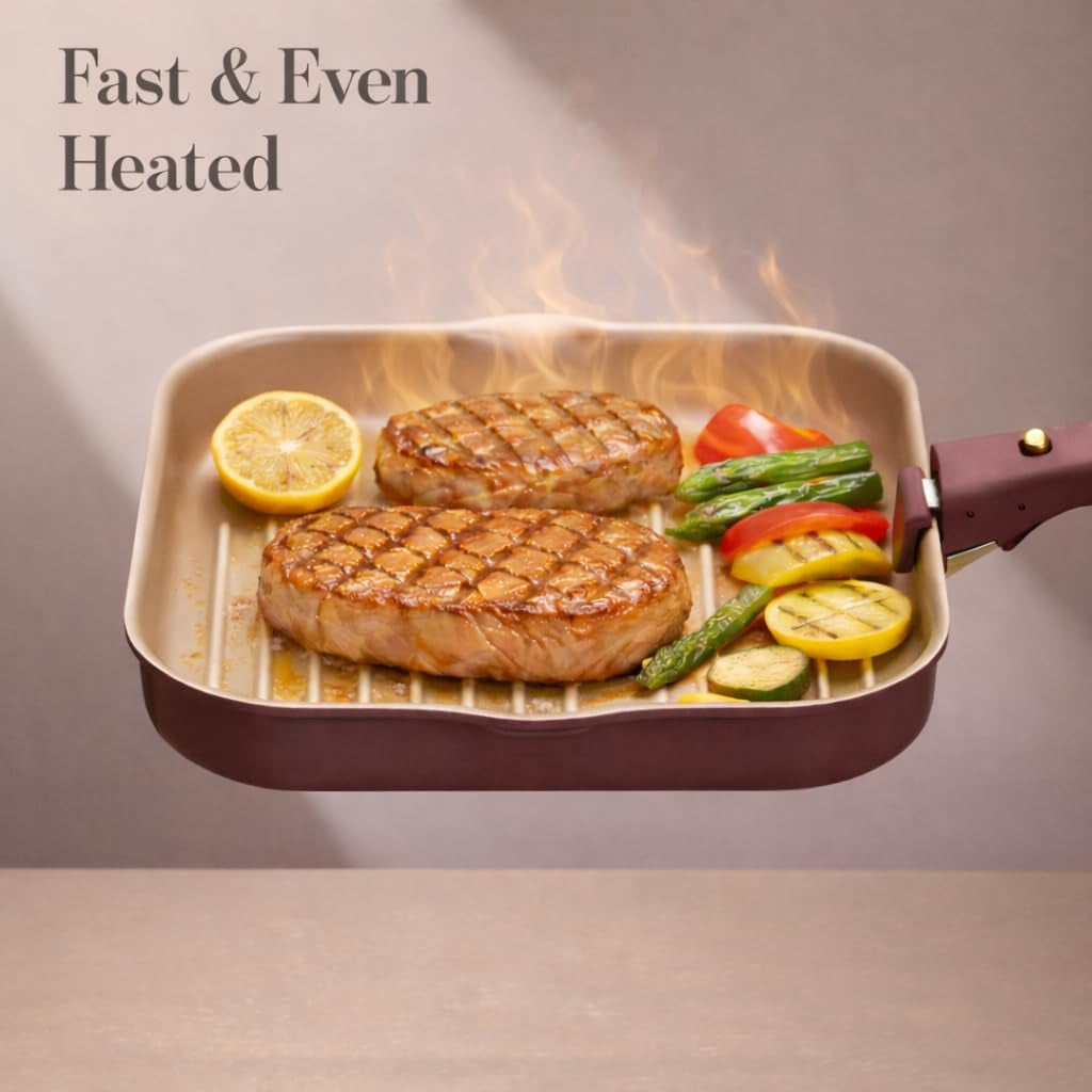 10 Inch Titanium Reinforced Nonstick Grill Pans for Steak, Non-Stick Grill Pans Sets with Detachable Handle, PFOS, PFOA Free, Gas & Induction Safe, All Stovetops Compatible, Burgundy