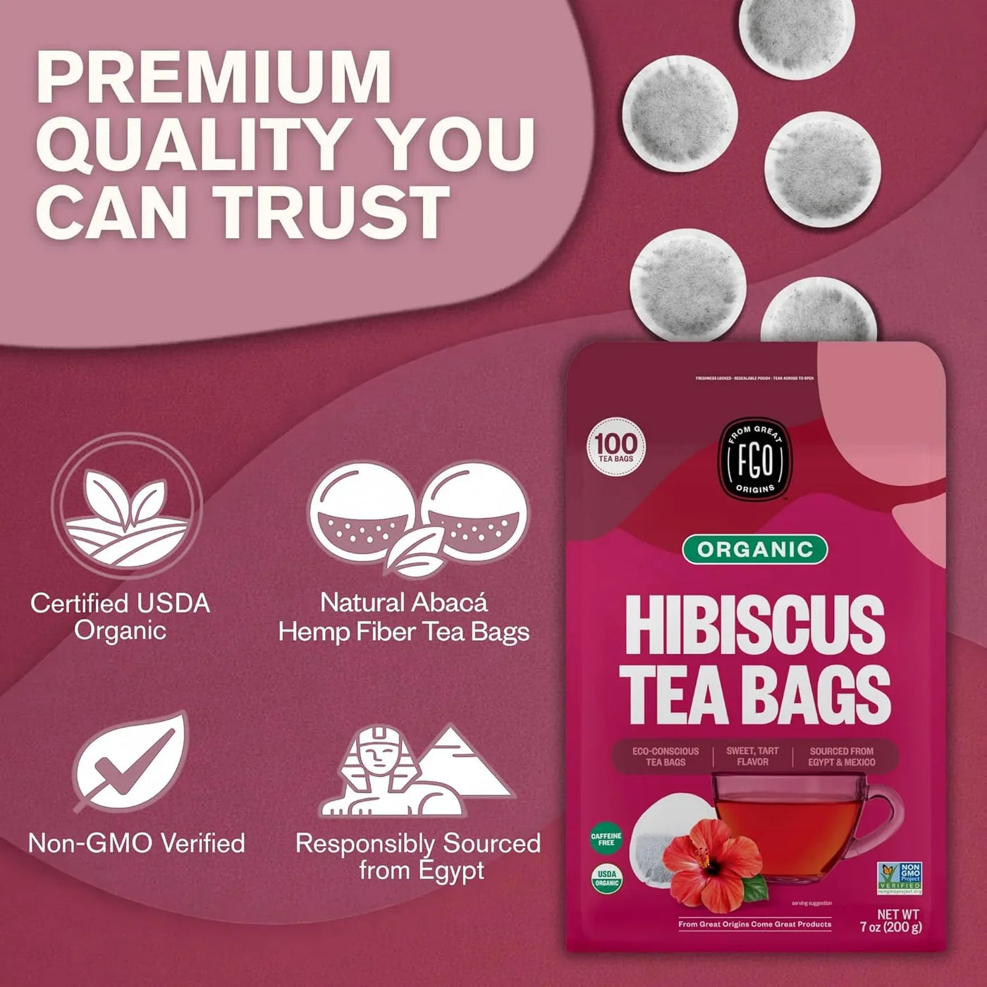 Organic Hibiscus Tea, 100 Count, Eco-Conscious Tea Bags, Caffeine Free, Packaging May Vary (Pack of 1)