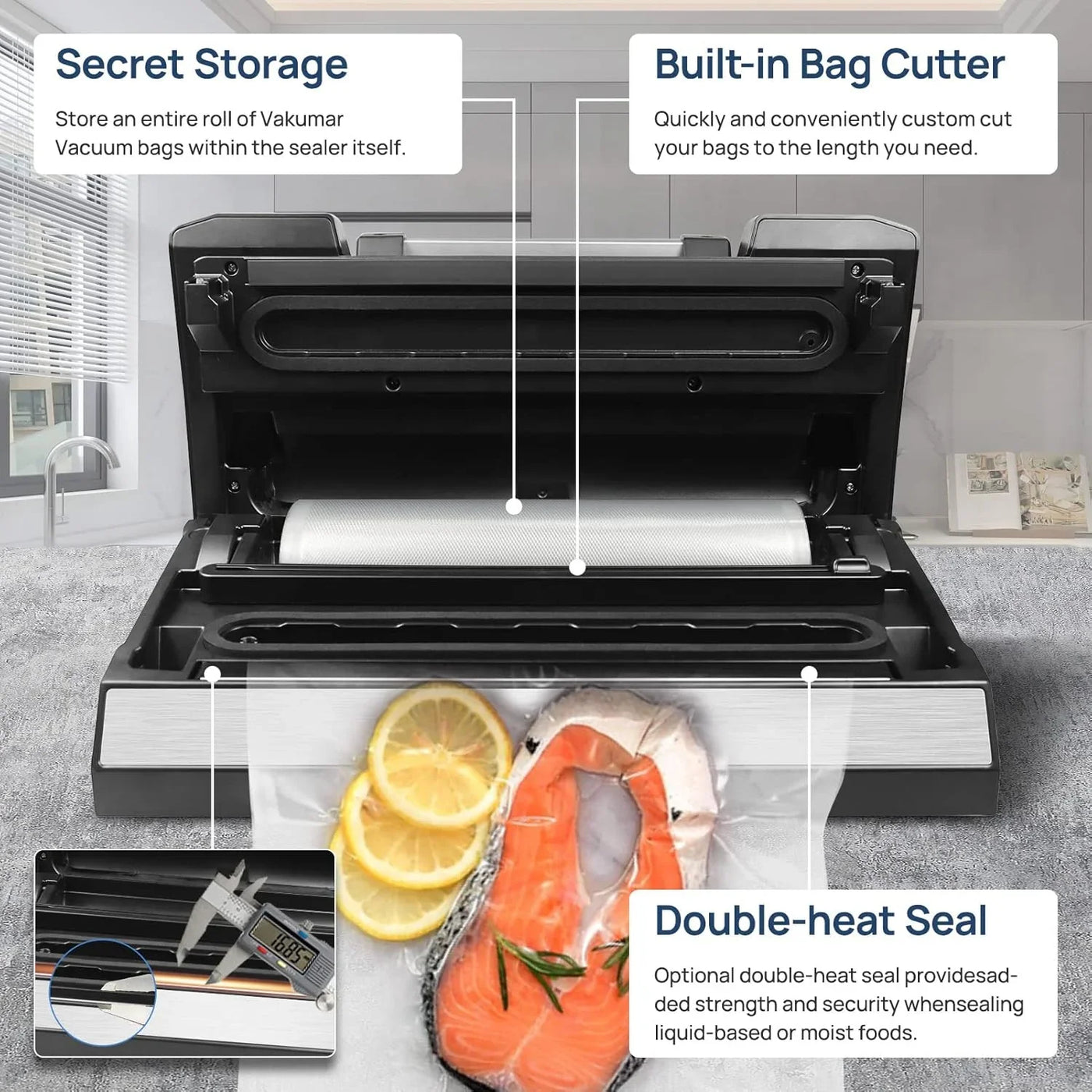 Vacuum Sealer Machine, 90Kpa Liquid Food Vacuum Sealer Machine Preservation Dry/Moist/Liquid Modes, LED Indicator Light, Handle Locked Design, Built-In Cutter and Bag Storage, Starter Kit