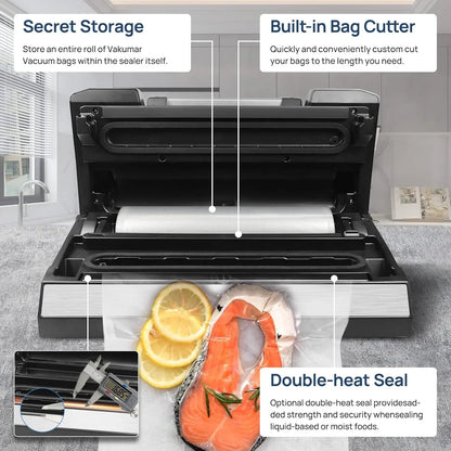 Vacuum Sealer Machine, 90Kpa Liquid Food Vacuum Sealer Machine Preservation Dry/Moist/Liquid Modes, LED Indicator Light, Handle Locked Design, Built-In Cutter and Bag Storage, Starter Kit