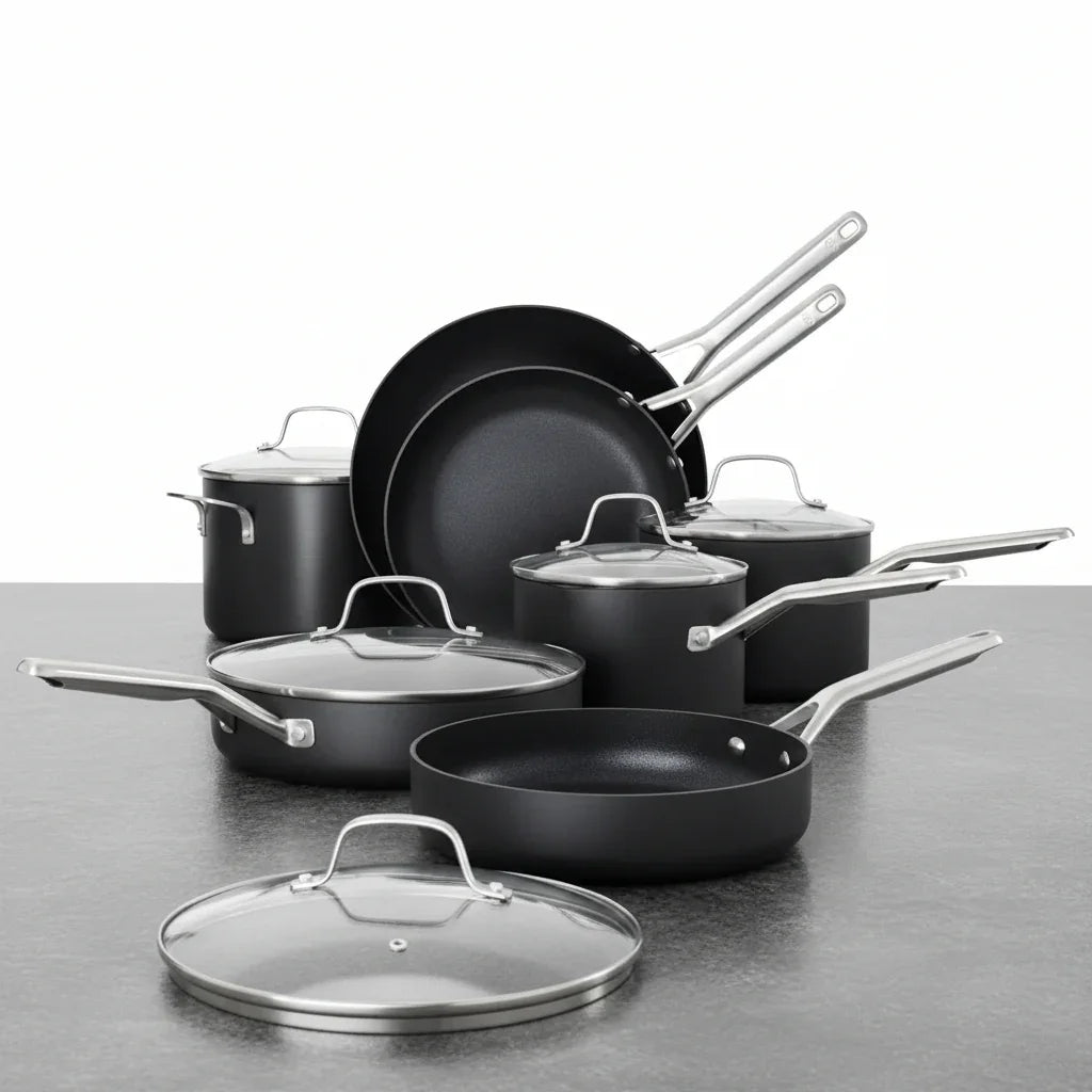 Black nonstick cookware set with stainless steel handles and glass lids for everyday cooking