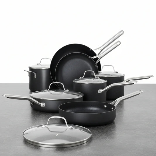 Black nonstick cookware set with stainless steel handles and glass lids for everyday cooking