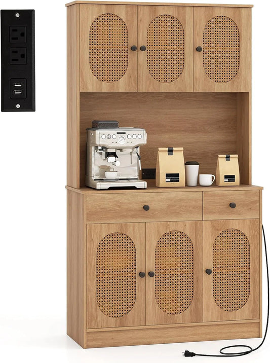 Kitchen Hutch, 71" Tall Boho Pantry Cabinet W/Charging Station, Microwave Countertop, 6 PE Rattan Door, 2 Drawer, 4 Adjustable Shelf, Freestanding Buffet Sideboard for Dining Room (Natural)