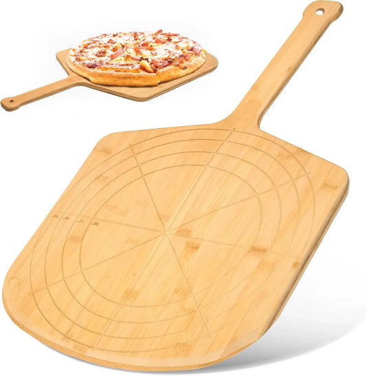 Wooden Pizza Peel 16 Inch Board with Engraved Sizes - Multi-Purpose Bamboo Pizza Cutting Board, Wood Pizza Peel, Pizza Spatula Paddle, and Serving Board with Size and Cutting Guide