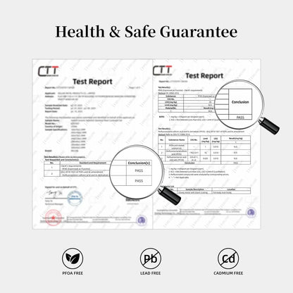 Health & Safe Guarantee: CTT test report showing PFOA-free, lead-free, cadmium-free cookware certification