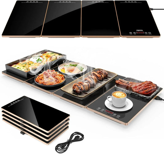 Electric Warming Tray, 4-In-1 Food Warmers for Parties Buffet with 10 Temp Settings and Timer, 33"X15" Glass Surface Warming Mat for Food, Modular Buffet Hot Plates for Catering and Gatherings