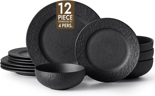 Black Dinnerware Sets with Flatware, 32-Piece Matte Marble Pattern Premium Porcelain, Place Setting with Dinner Plate, Salad Plate, Pasta Bowl, Microwave and Dishwasher Safe