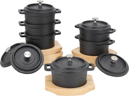 Cast Iron 8 Ounce Mini Dutch Oven with Wood Tray, Cookware, Bakeware, Serveware (6 Piece)