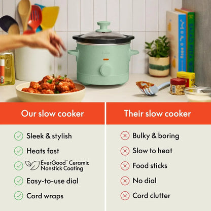 1.5 Qt Slow Cooker with 3 Heat Manual Control, Ceramic Nonstick Coating, Dishwasher Safe Stoneware Pot and Tempered Glass Lid, Tangle Free Cord Wrap & Cool Touch Handles, Seaglass