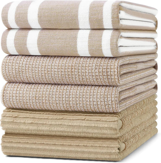 Premium Kitchen Towels(18”X 28”, 6 Pack), Large Cotton 380 GSM Kitchen Hand Towels, Soft and Absorbent Terry Dish Towels, Multipurpose Tea Towel Set with Hanging Loop, Khaki